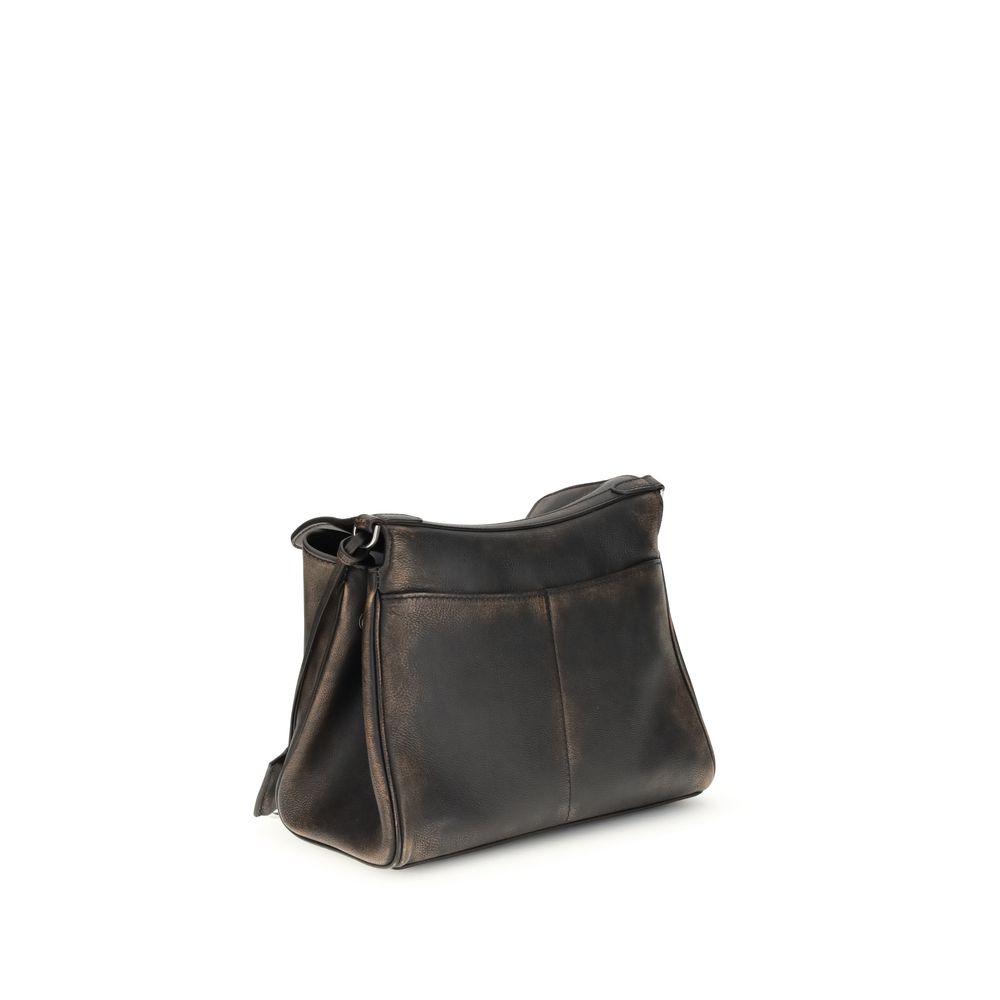 Rear view of Balenciaga Brown Lamb Ovis Aries Aries Shoulder Bag, showcasing distressed calfskin with adjustable straps.