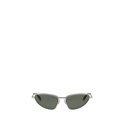 Alexander McQueen Silver Metal Sunglasses with cat-eye design and mirrored lenses on a white background.