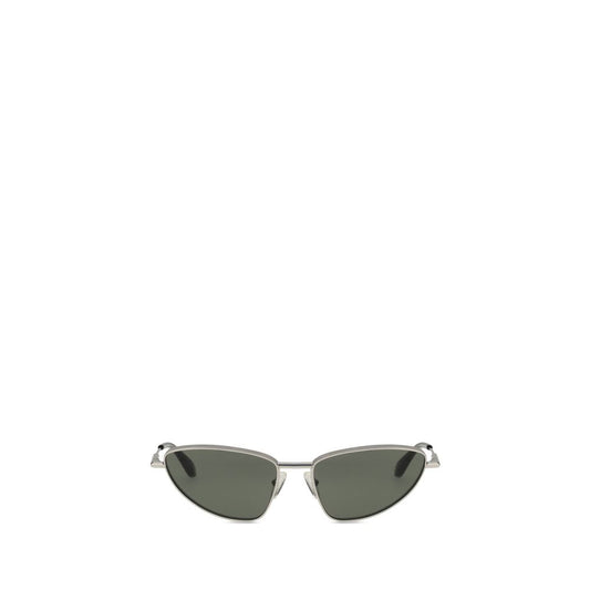 Alexander McQueen Silver Metal Sunglasses with cat-eye design, mirrored lenses, engraved logo, and acetate tips.