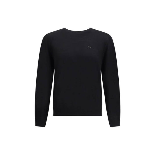 Prada Black Fleece Wool Sweatshirt with embroidered logo, ribbed crew neck, cuffs, and hem for a refined and contemporary style.