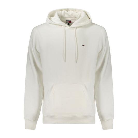 Tommy Hilfiger White Cotton Men Sweater with embroidered logo and central pocket, long-sleeved hoodie for stylish and comfortable wear.