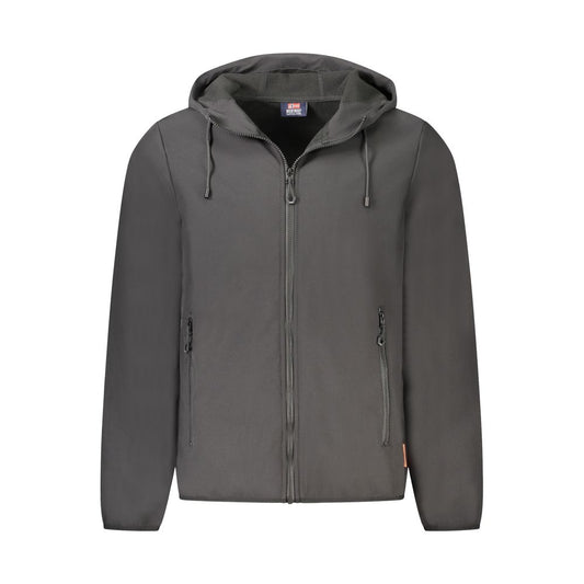 Norway 1963 Black Polyester Men's Jacket with hood, zipper, and pockets, showcasing modern sophistication and sleek aesthetics.