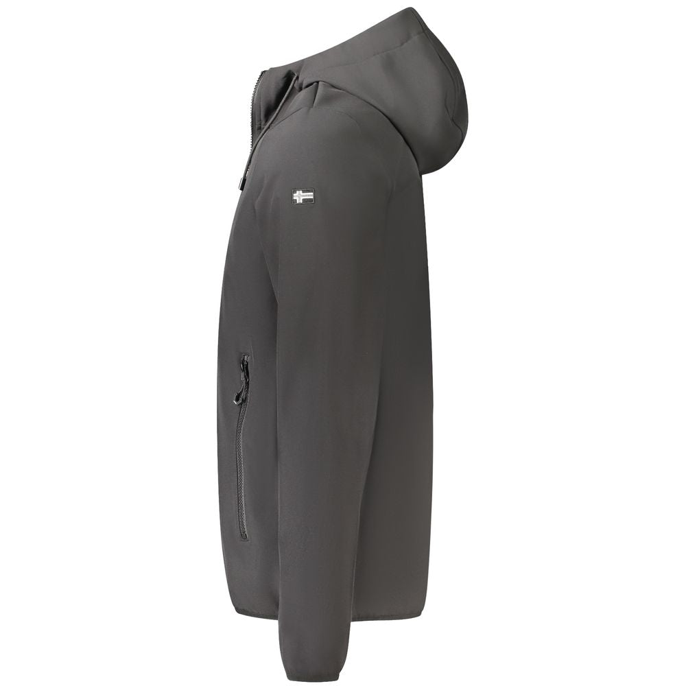 Norway 1963 Black Polyester Men's Jacket with hood, zip, and logo, showcasing sleek design and multiple pockets in side profile view.