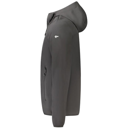 Norway 1963 Black Polyester Men's Jacket with hood, zip, and logo, showcasing sleek design and multiple pockets in side profile view.