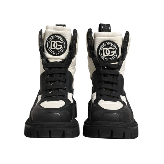 Dolce & Gabbana Black White Padded Mid Calf Lace Up Boots Shoes
