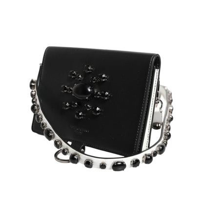 Dolce & Gabbana Black Leather Crystal Embellished Card Holder Wallet