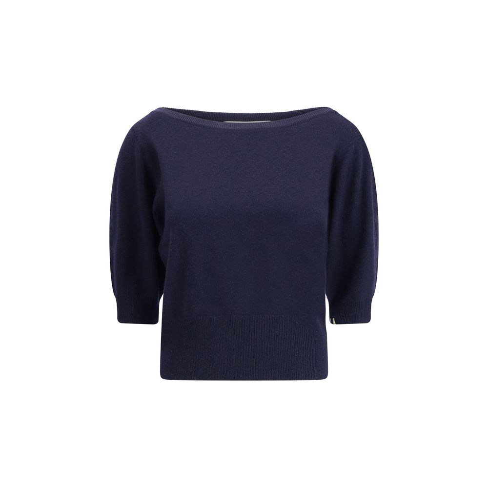 Extreme Cashmere Blue Cashmere Cashmere Sweater with crew neck and short sleeves, featuring a maxi hemline and ribbed finish for a modern look.