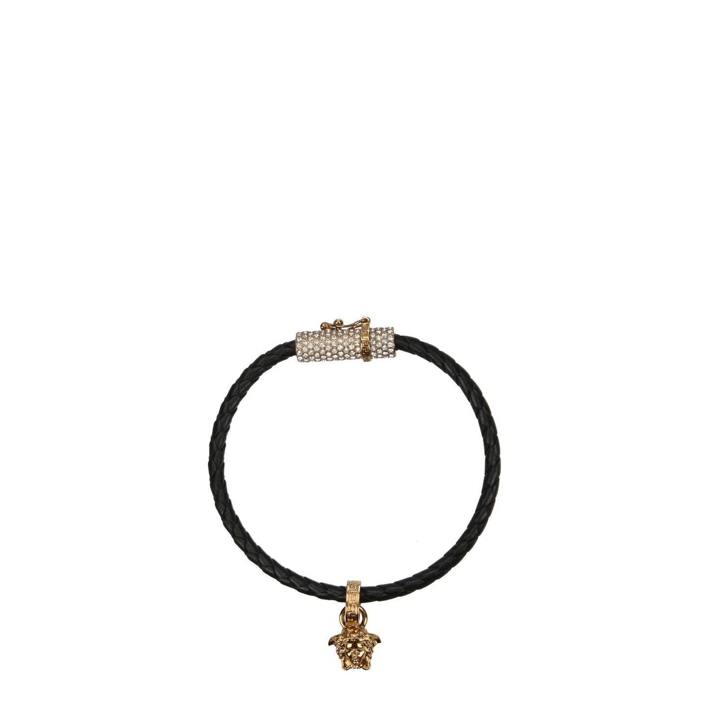 Versace Black Leather Bracelet with gold accents, hook closure, and logo detail, MPN 10092161A051691B130, casual style accessory.