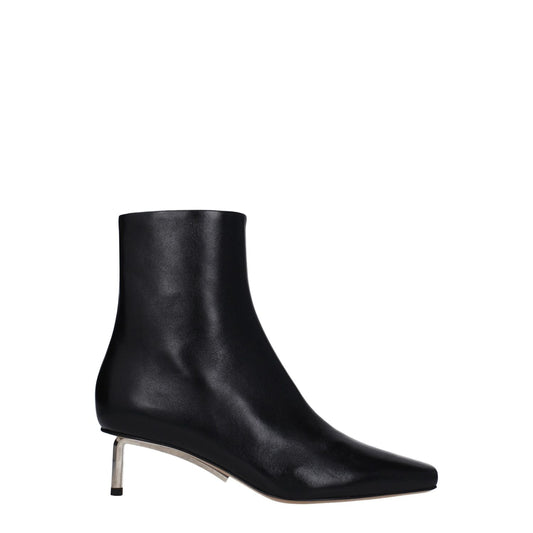 Off-White Black Leather Ankle Boots with square toe and 5 cm mid heels, featuring zip closure and leather sole.
