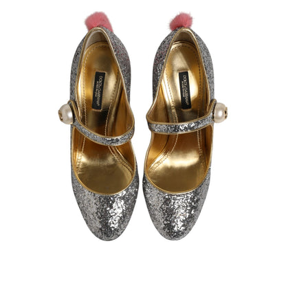 Dolce & Gabbana Silver Glitter Mink Fur VALLY Pumps Shoes
