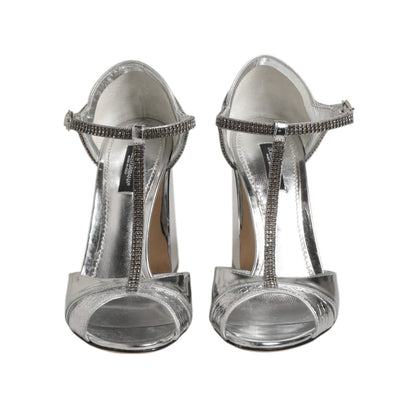 Dolce & Gabbana Silver Leather T-strap Heels Sandals Shoes