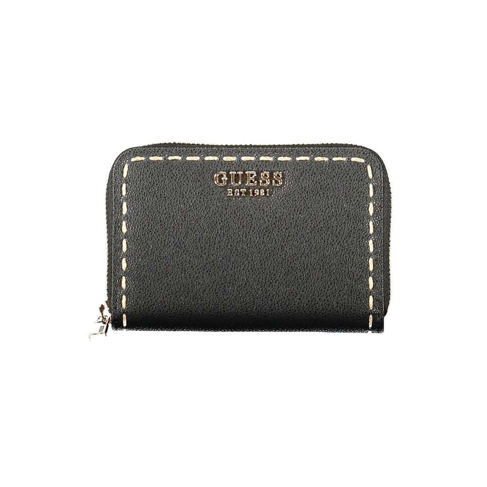 Guess Jeans Black Polyethylene Wallet with zip closure, two compartments, coin purse, double card spaces, and contrasting details.