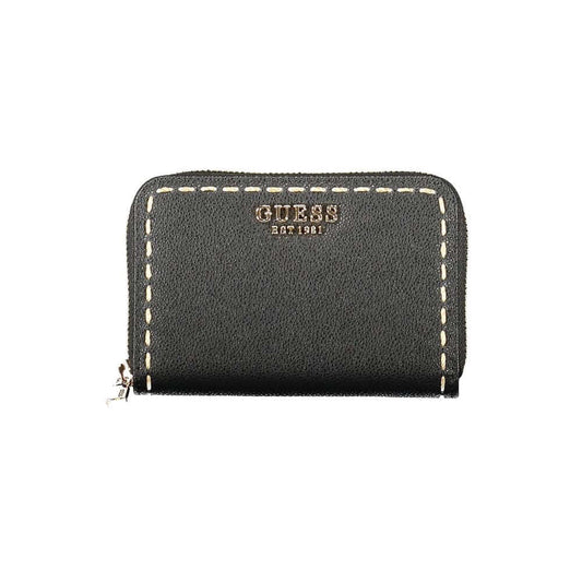 Guess Jeans Black Polyethylene Wallet with zip closure, two compartments, coin purse, double card spaces, and contrasting details.