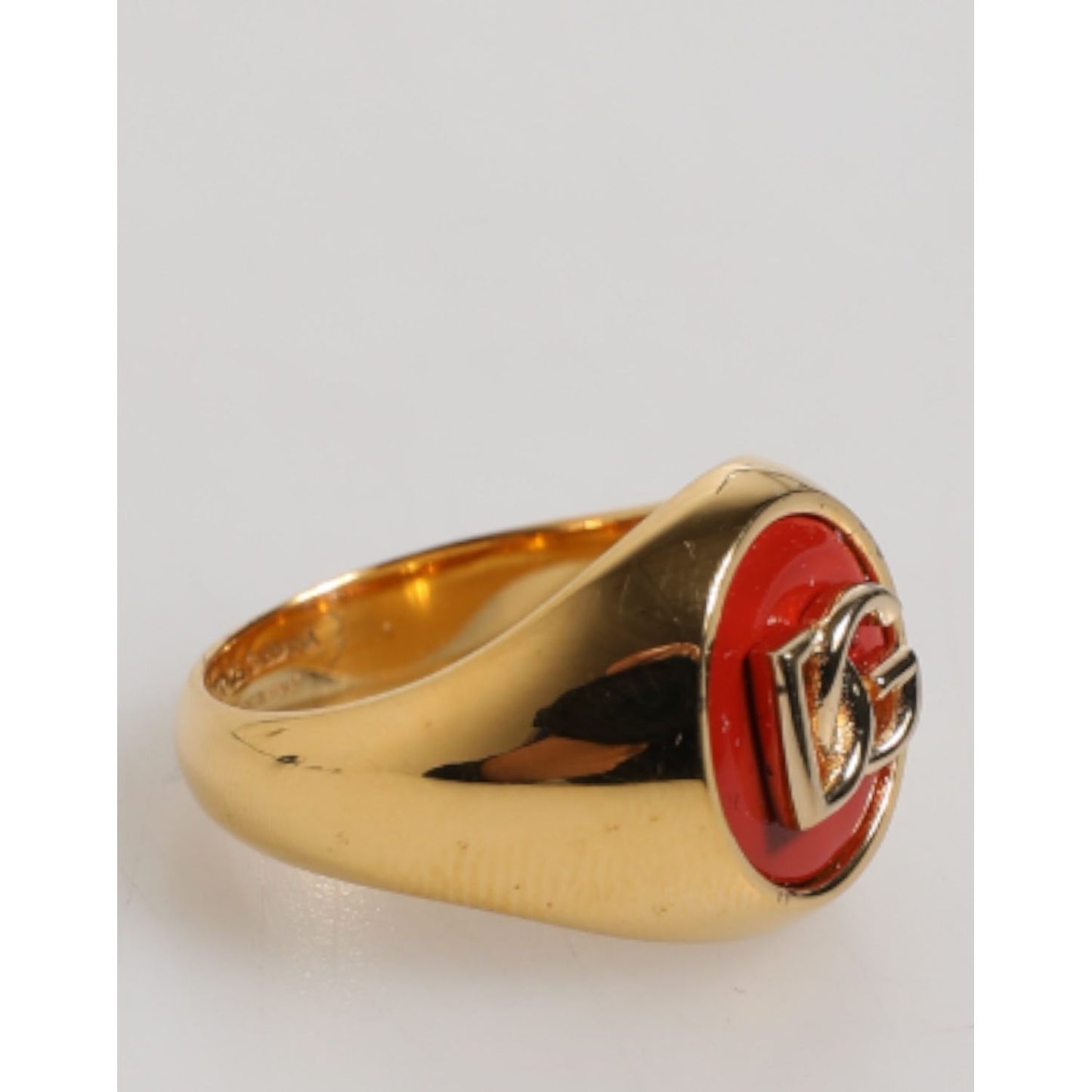 Dolce & Gabbana Gold Tone Real Brass Red DG Logo Men Ring