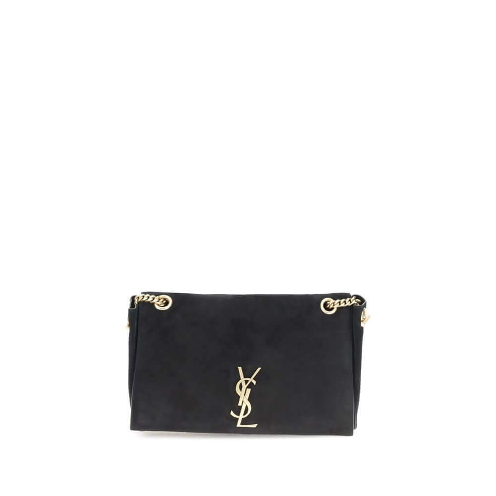 Saint Laurent Black Calf Leather Bos Taurus Shoulder Bag with iconic monogram and chain strap, elegant suede leather design.