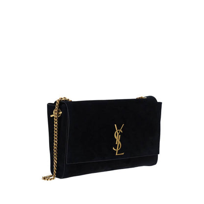 Saint Laurent Black Calf Leather Bos Taurus Shoulder Bag with gold chain and monogram detail, elegant and versatile for any occasion.