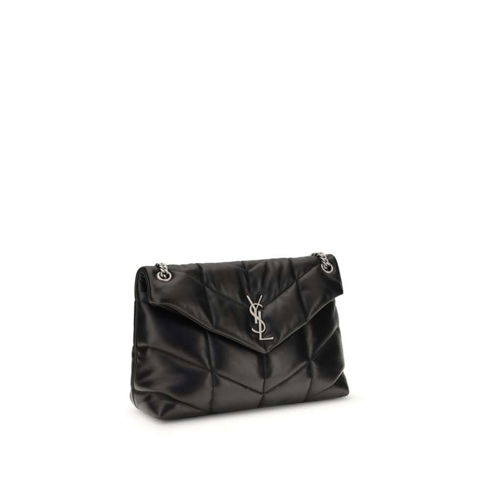 Saint Laurent Black Lamb Ovis Aries Aries Shoulder Bag with quilted design and silver YSL plaque.