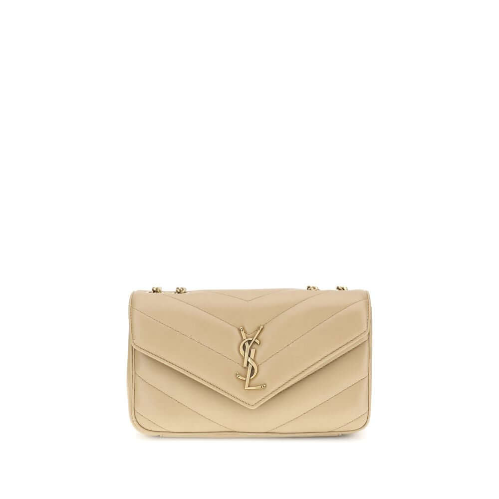 Saint Laurent Beige Lamb Ovis Aries Aries Shoulder Bag with quilted design and YSL logo, featuring versatile leather chain strap.
