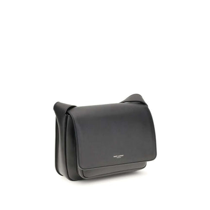 Saint Laurent Black Calf Leather Bos Taurus Shoulder Bag with front flap and adjustable shoulder strap.