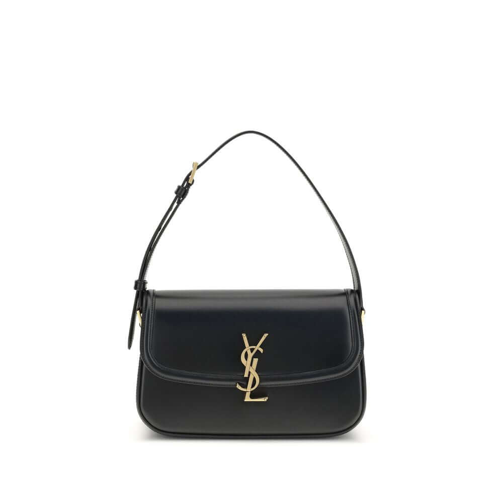 Saint Laurent Black Calf Leather Bos Taurus Shoulder Bag with bronze Cassandre logo and adjustable strap.