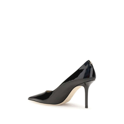 Jimmy Choo Black Calf Leather Bos Taurus High Heel Pumps with almond toe and stiletto heel, showcasing timeless elegance.