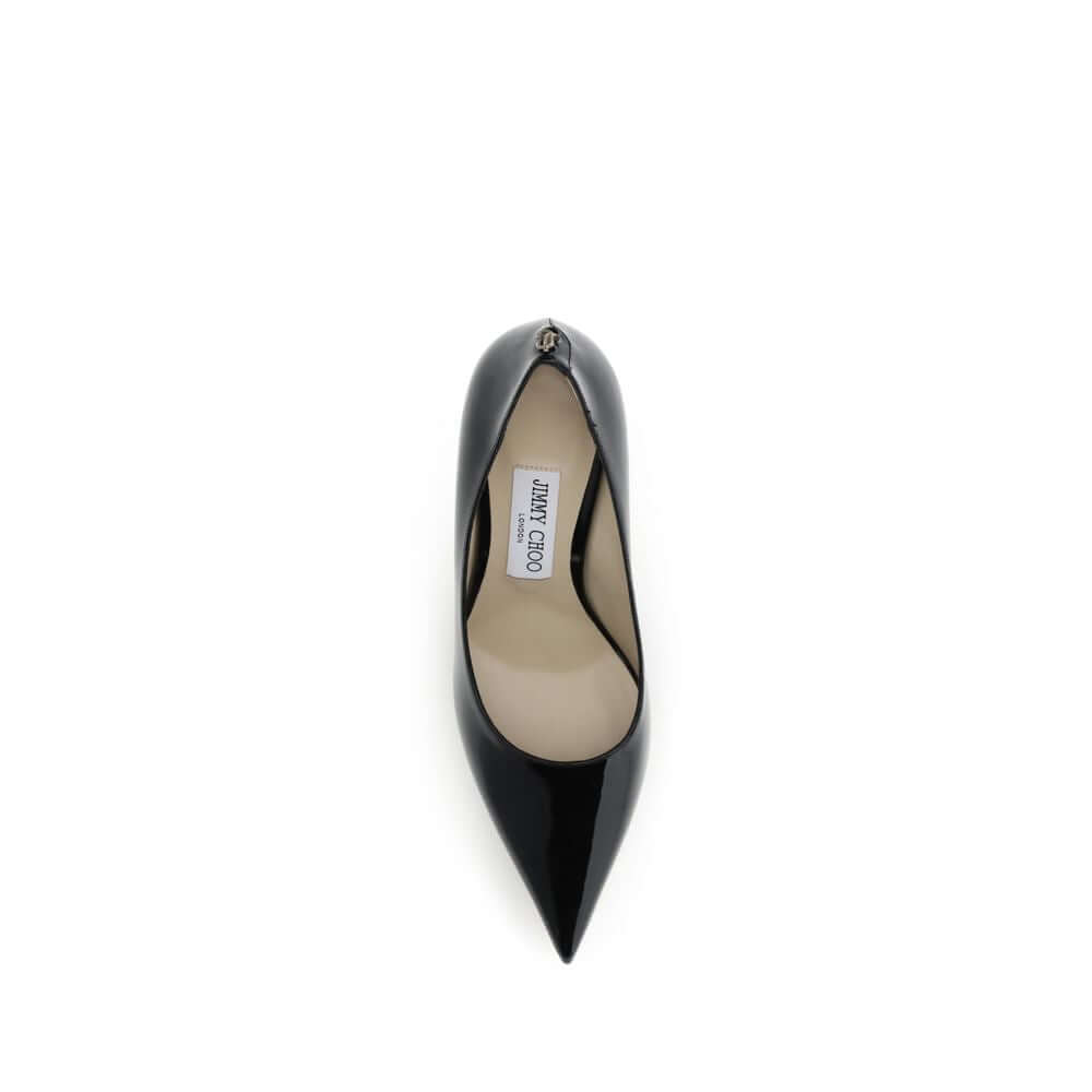 Top view of Jimmy Choo Black Calf Leather Bos Taurus High Heel Pump on white background.