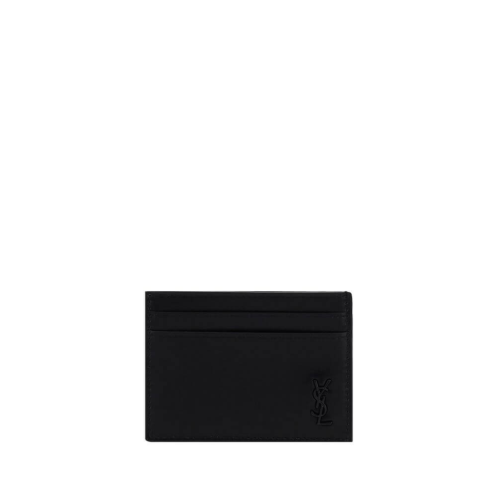 Saint Laurent Black Calf Leather Bos Taurus Wallet card holder with logo, AW25 collection, 100% calfskin, dimensions 11x11 cm.