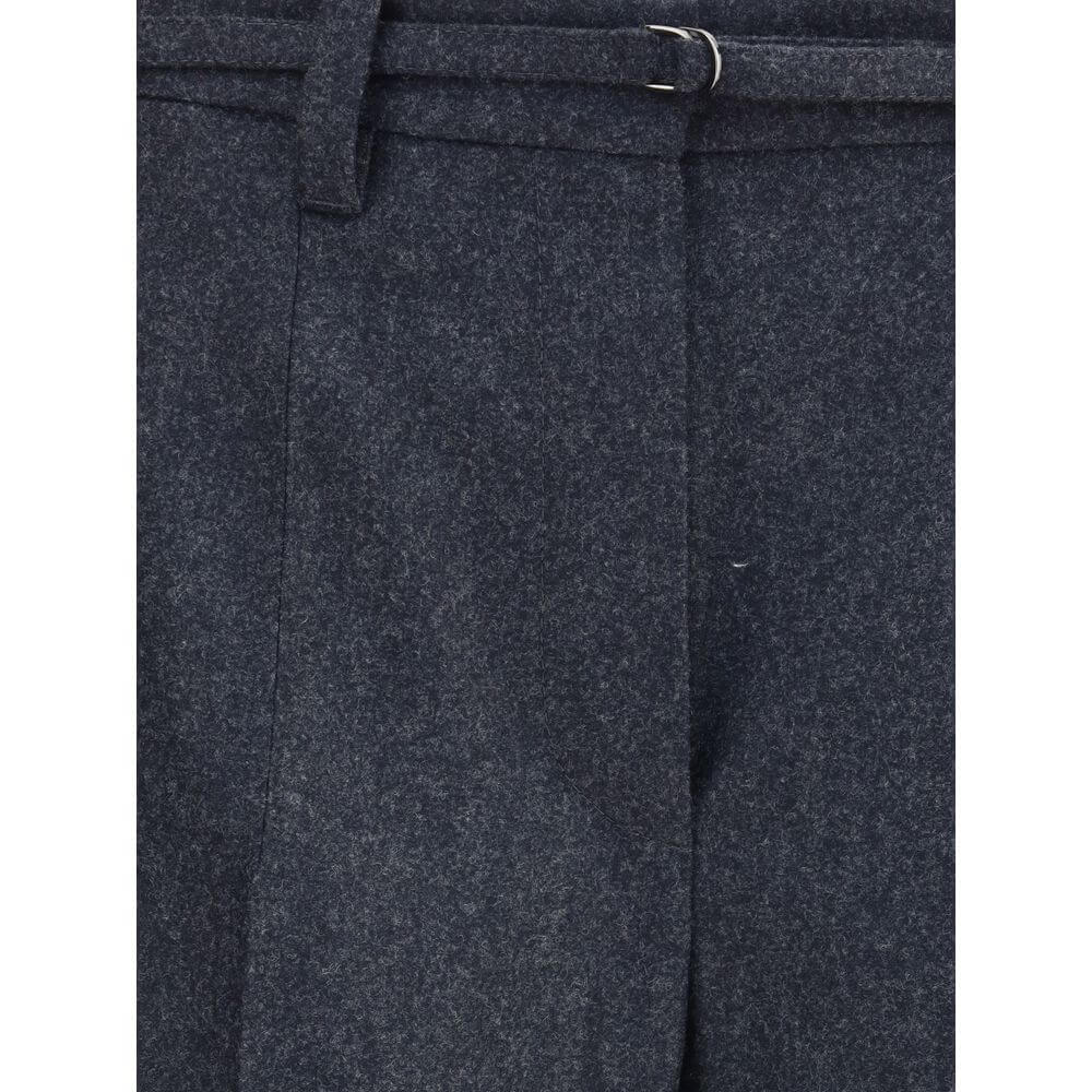 Brunello Cucinelli Gray Fleece Wool Casual Pants featuring wide straight leg, front zip closure, and adjustable strap detail.