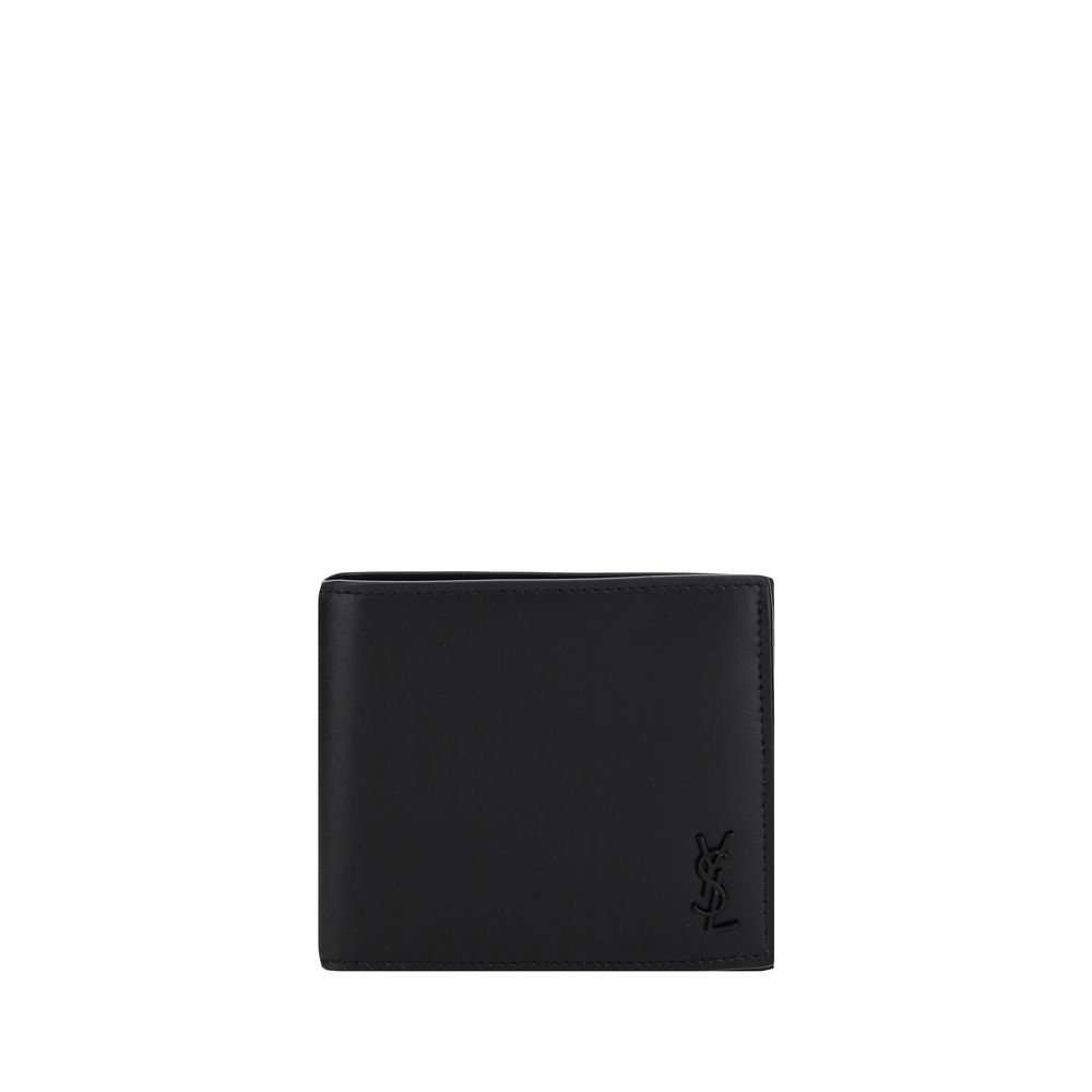 Saint Laurent Black Calf Leather Bos Taurus Wallet with logo plaque, bifold design, card slots, and bill compartments, AW25 collection.
