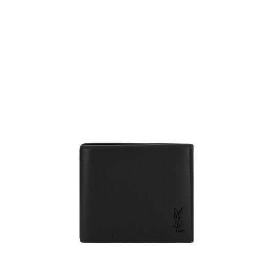Saint Laurent Black Calf Leather Bos Taurus Wallet with logo plaque, bifold design, card slots, and bill compartments, AW25 collection.