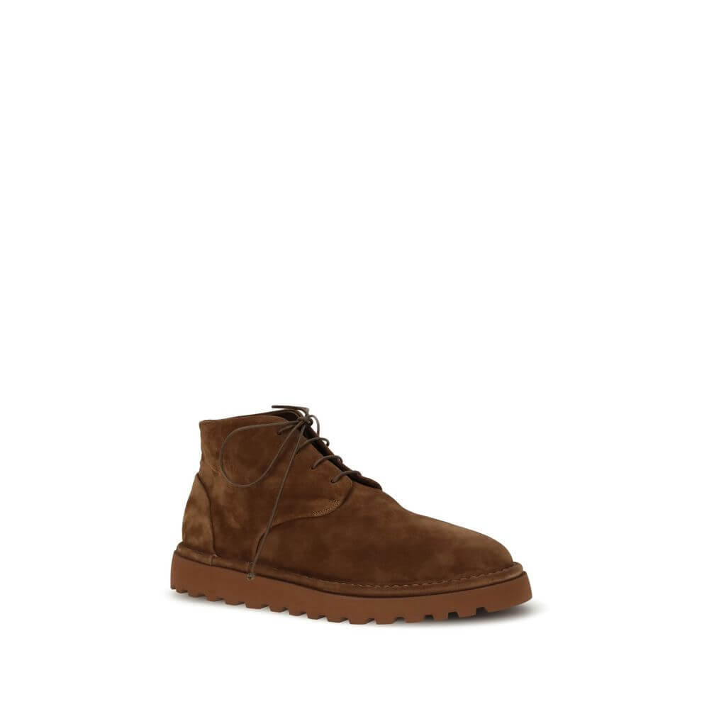 Marsell Brown Calf Leather Bos Taurus Lace-Up Boots with suede leather and carrarmato rubber sole, featuring a rounded toe and lace-up closure.