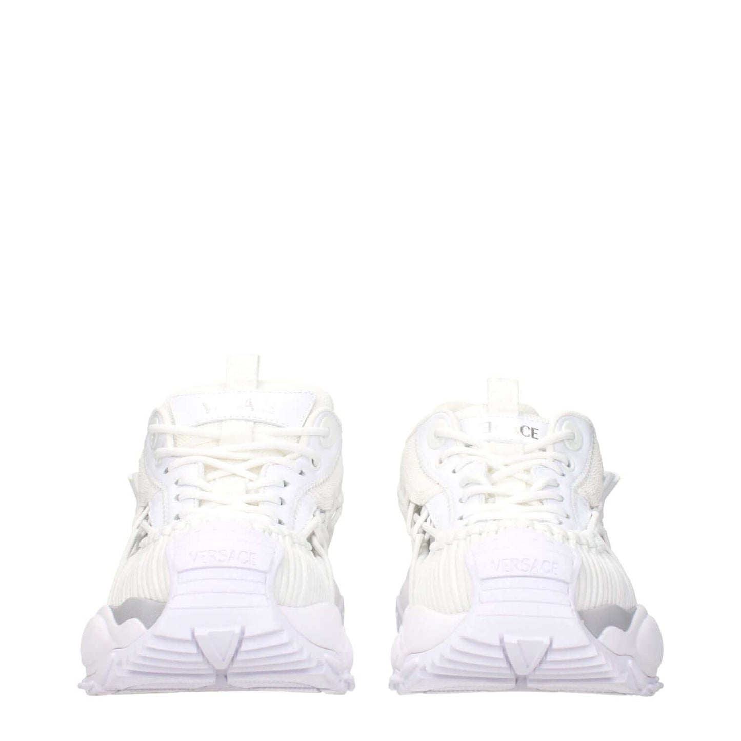 Versace White Leather Athletic Sneakers with logos, lace-up closure, rubber sole, mid heels, and round toe, front view.