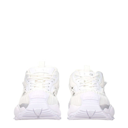 Versace White Leather Athletic Sneakers with logos, lace-up closure, rubber sole, mid heels, and round toe, front view.