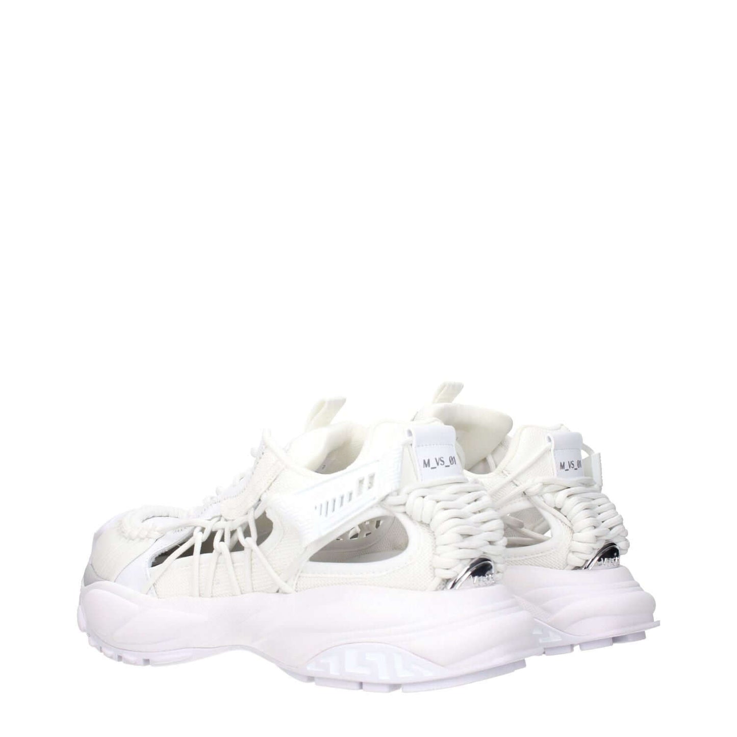 Versace White Leather Athletic Sneakers featuring lace-up closure, rubber sole, and mid heels with front and side logos in optic white.
