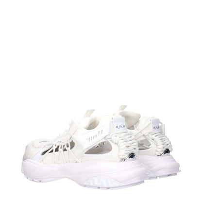 Versace White Leather Athletic Sneakers featuring lace-up closure, rubber sole, and mid heels with front and side logos in optic white.