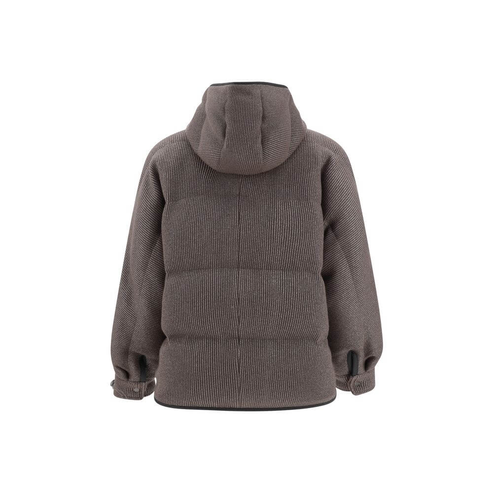 Back view of Brunello Cucinelli Brown Cashmere Coat with a hooded design and padded texture.