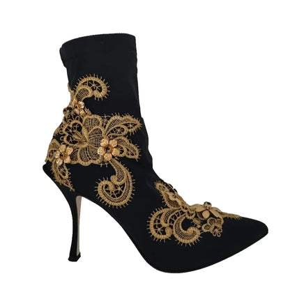 Dolce & Gabbana Black Gold Embroidery Crystal Boots Shoes