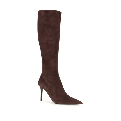 Giuseppe Zanotti Brown Leather High Heel Boots with stiletto heel, almond toe, and back zipper, made in Italy, knee-high design for AW25.