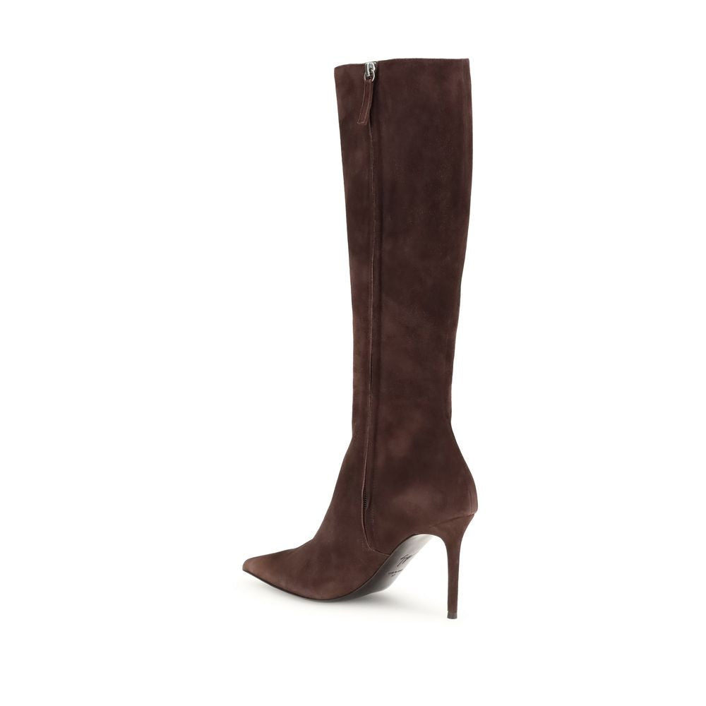 Giuseppe Zanotti Brown Leather High Heel Boots with stiletto heel and almond toe, featuring back zipper closure and knee-high design.