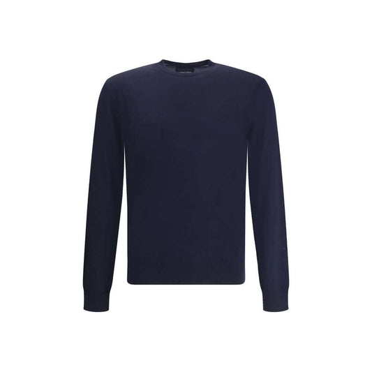 Giorgio Armani Blue Fleece Wool Sweatshirt with crew neck and ribbed details, ideal for a slim, sophisticated look, made in Italy.