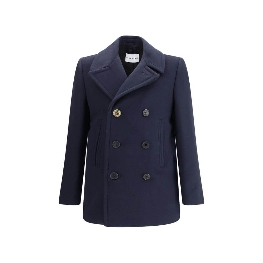 Givenchy Blue Wool Coat, double-breasted pea coat with front button closure, two front welt pockets, and wide lapels, AW25 collection.