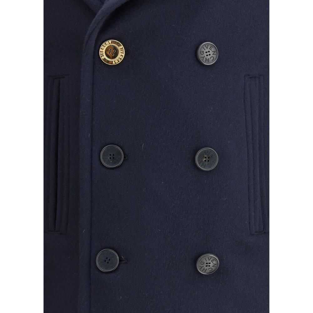 Close-up of Givenchy Blue Wool Coat with double-breasted buttons and welt pockets, showcasing its classic and sophisticated design.