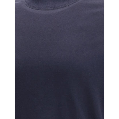 Brunello Cucinelli Blue Cotton Long Sleeve T-Shirt showing ribbed crew neck detail, monochrome pattern, regular fit, made in Italy.
