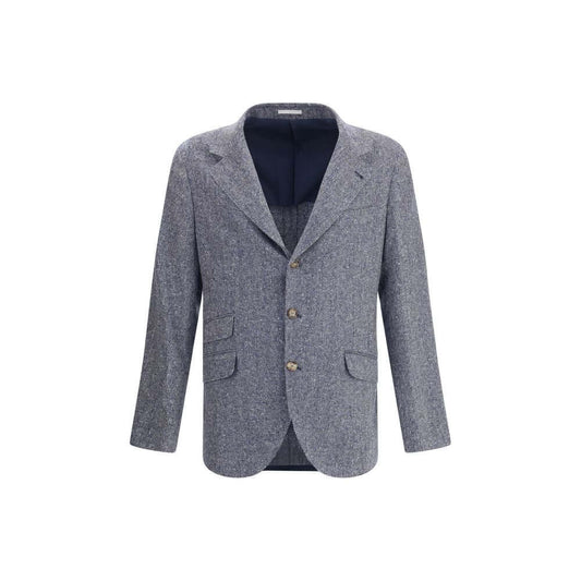 Brunello Cucinelli Blue Wool Blazer with herringbone pattern, classic lapels, button closure, and pockets. Made in Italy.