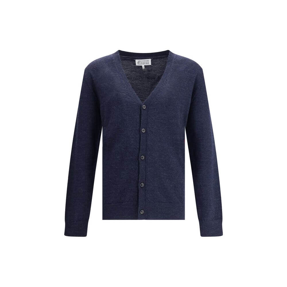 Margiela Blue Wool Cardigan with button closure, V-neck, and ribbed trim, featuring elbow patches. Regular fit, 100% wool. Elegant style.