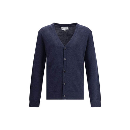 Margiela Blue Wool Cardigan with button closure, V-neck, and ribbed trim, featuring elbow patches. Regular fit, 100% wool. Elegant style.