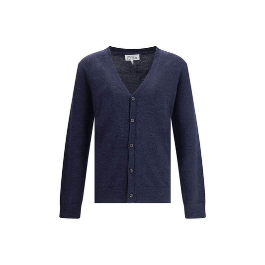 Margiela Blue Wool Cardigan with button closure, V-neck, ribbed trim, and elbow patches, AW25 collection.