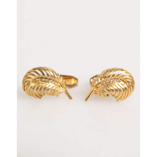 Dolce & Gabbana Gold 925 Sterling Silver Crystal Leaf Accessory Cufflink with elegant design and sparkling crystals.