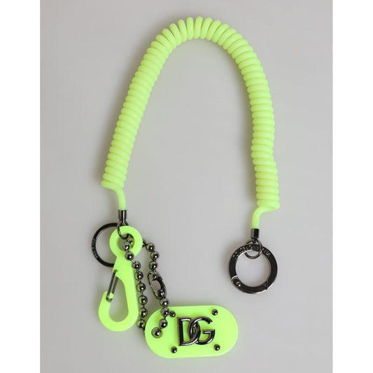 Dolce & Gabbana Green Springy Key Holder DG Logo Men's Keychain with vibrant cord and metal charm, luxury design.
