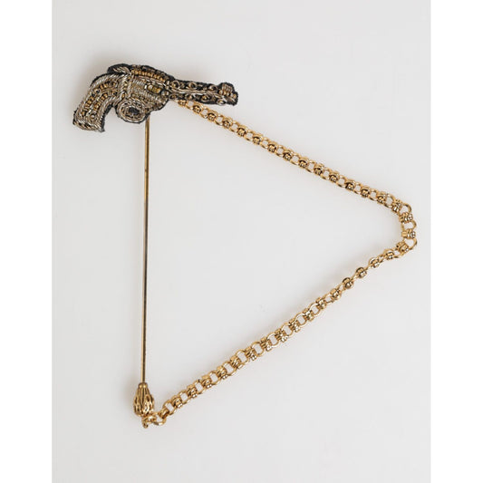 Dolce & Gabbana Lapel Pin Brass Copper Revolver Men Accessories Brooch with vintage revolver design and gold-tone finish.